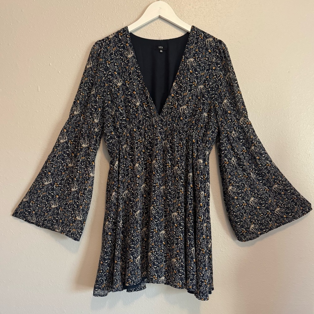 LUCCA Boho Floral Bell Sleeve Mini‎ Dress - Size Large - Picture 5 of 11